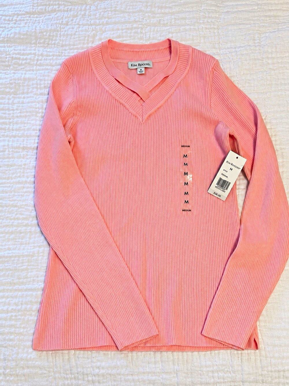 Kim Rogers Pink Ribbed Knit V-Neck Long Sleeve Pullover Sweater Women M